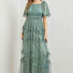 Polgram Tulle Maxi Dress in Dusty Teal