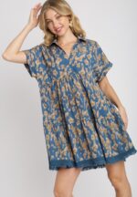 Umgee Animal Print Tiered Dress in Slate Blue