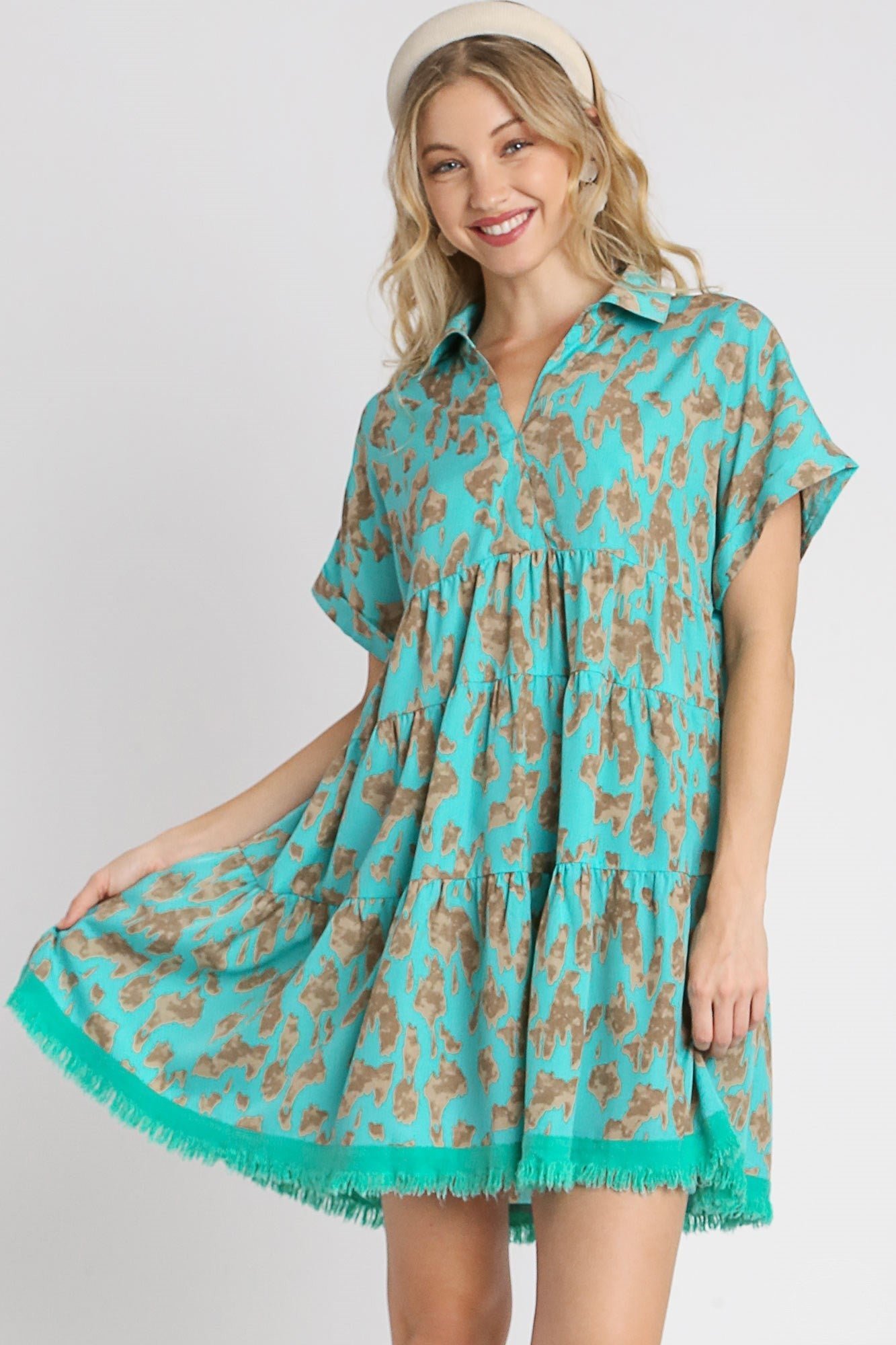 A5742_ib_1.jpg Umgee Animal Print Tiered Dress in Mint - Image 1