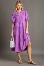 Umgee Solid Color A-Line Tiered Midi Dress with Piping Details in Orchid ON ORDER